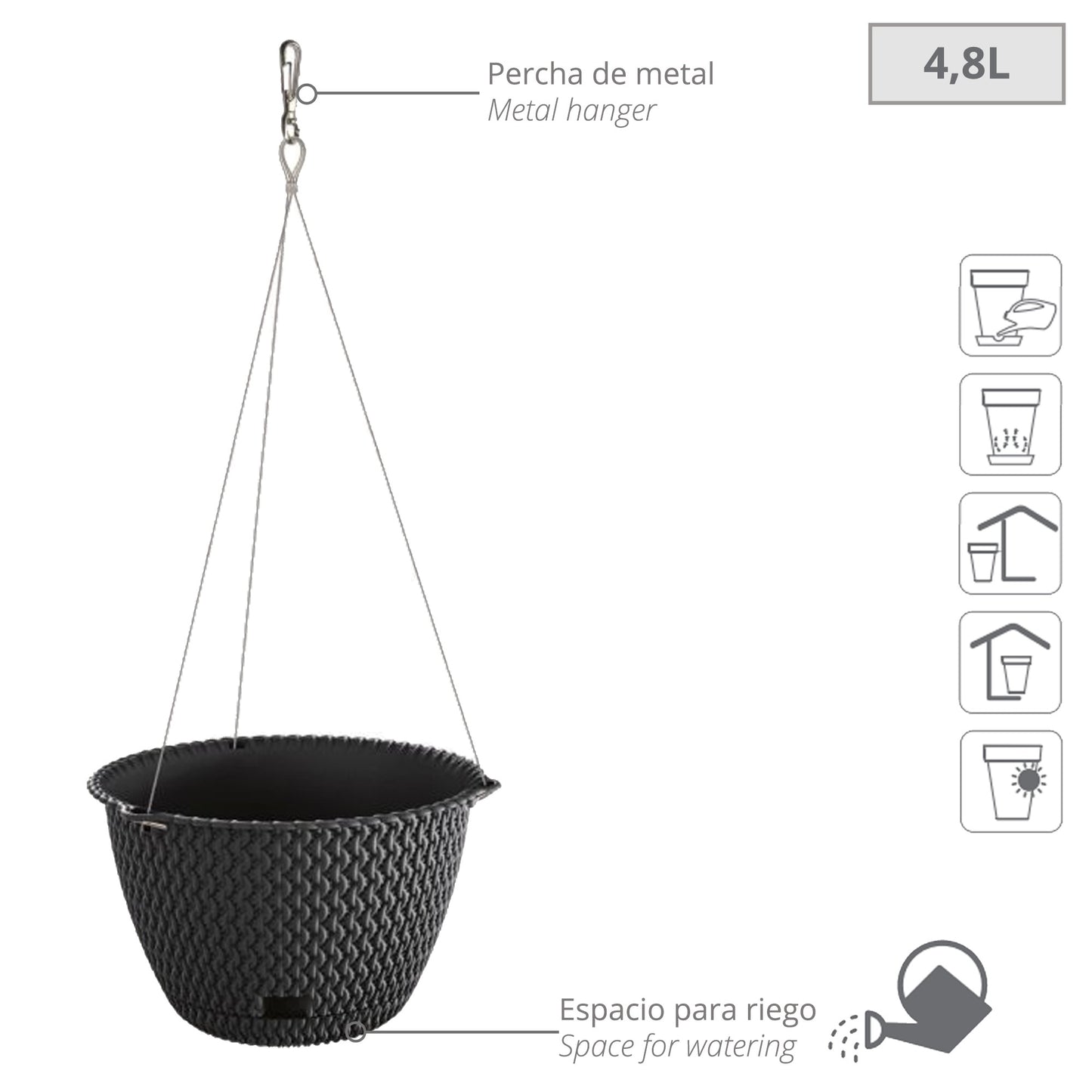 Maceta Redonda Colgante 4,8l Prosperplast Splofy Round Ws De Plastico En Color Antracita, Ø27 X 16,6 Cm