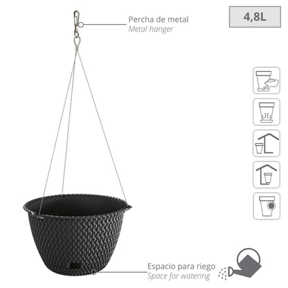 Maceta Redonda Colgante 4,8l Prosperplast Splofy Round Ws De Plastico En Color Antracita, Ø27 X 16,6 Cm