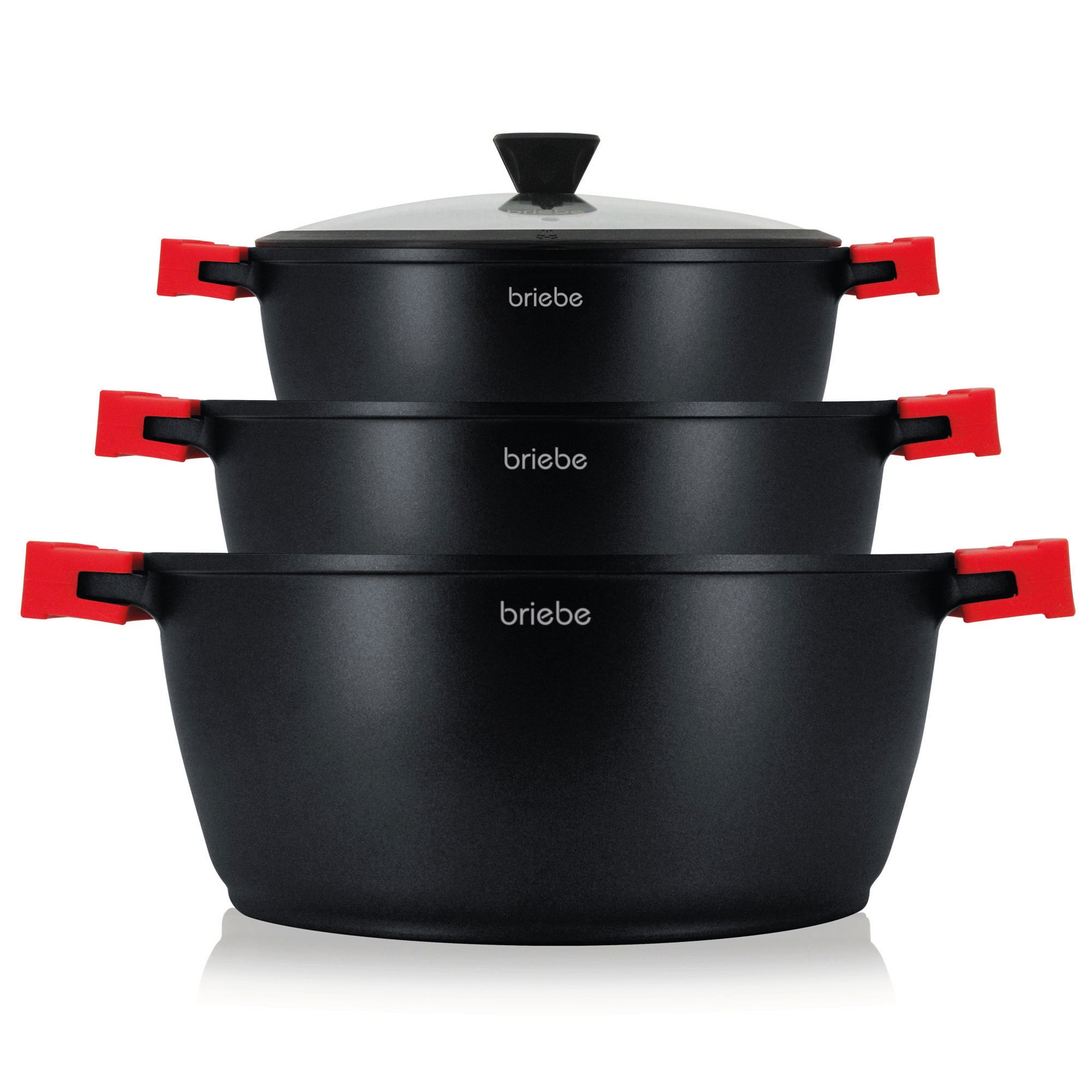 Briebe Batería Cocina Inducción Antiadherente Titanio, 6 Piezas Aluminio Fundido 3 Ollas Sin Pfoa Tapa, Blackt3, Negro_0