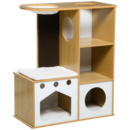 Pawhut Árbol Rascador Para Gatos De Madera 92,5 Cm Con 2 Cuevas Hamaca Y Cojines_0