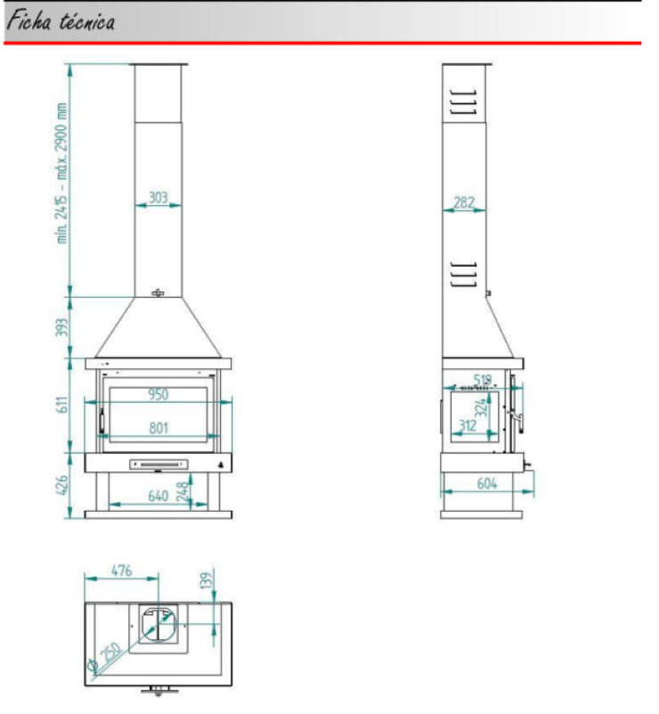 BRICOSOL Chimenea de leña frontal a 3 caras FM Modelo C-203 Interior Vermiculita_1