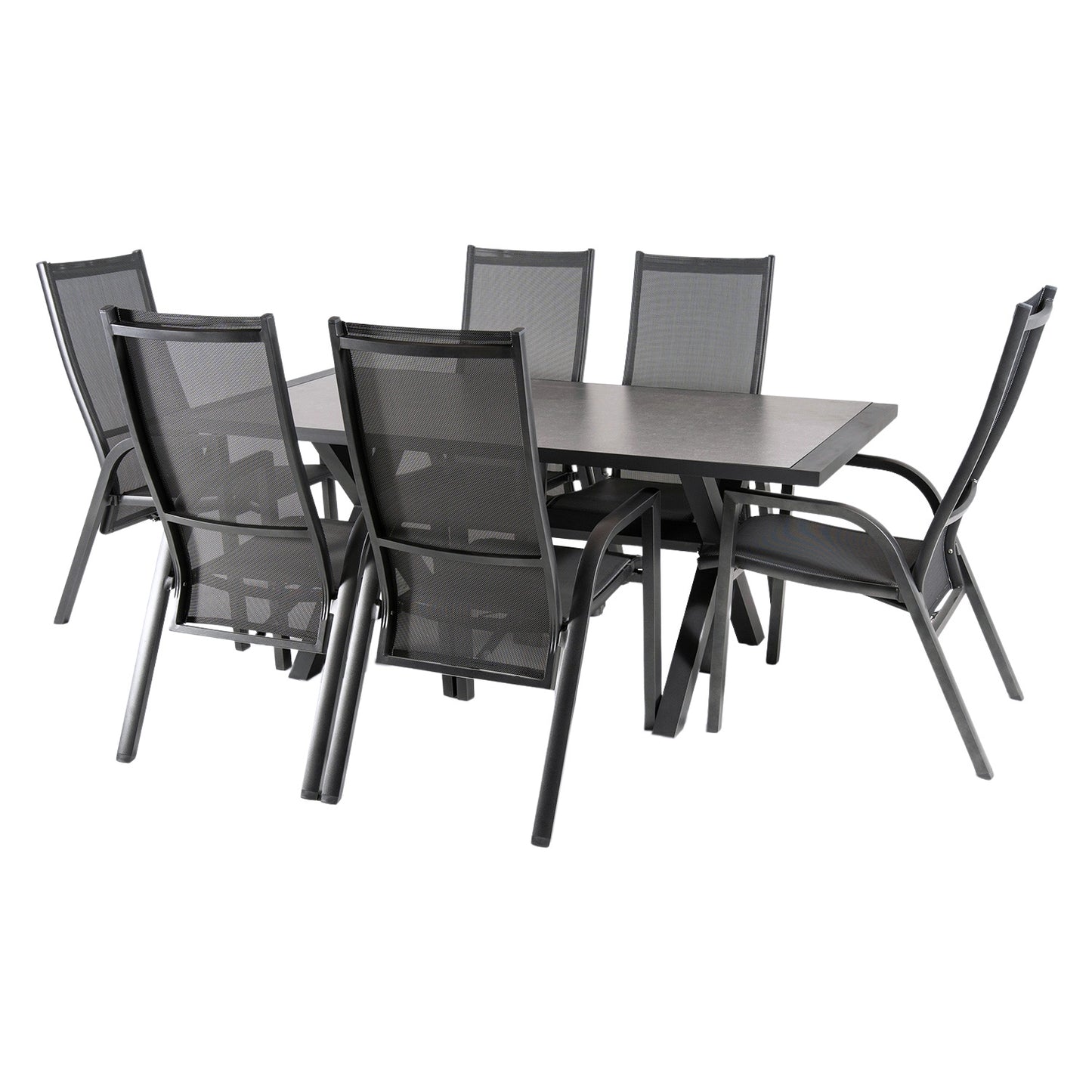 Conjunto Mesa Y Sillas De Exterior, Aluminio Reforzado Color Antracita, Mesa 180 Cm + 6 Sillones Reclinables, Patas En Forma De X_0