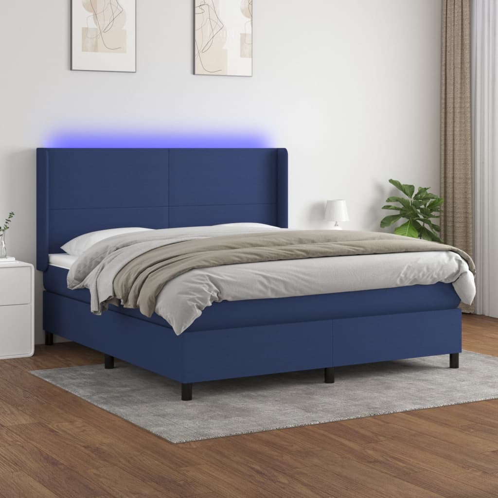 Cama Box Spring Colchón Y Luces Led Tela Azul 180x200 Cm / Vetonek_3