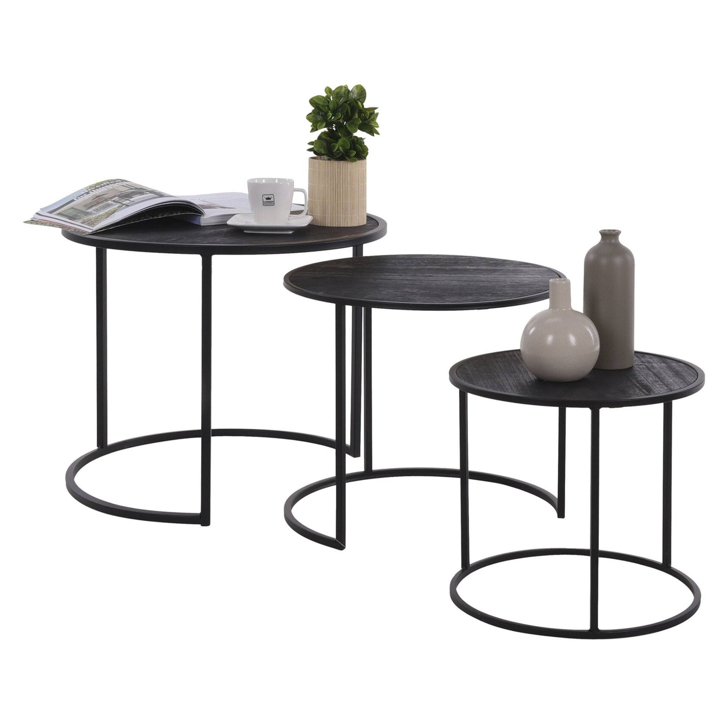 Well Home Juego De 3 Mesas Nido En Metal Melamina Color Negro Ø35ø45ø55cm_2