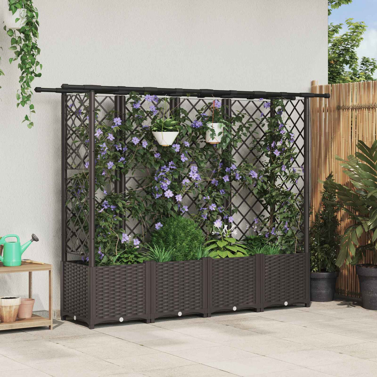 Cama Elevada Con Trellis Y Techo Marrón 202 X 40 X 136 Cm Pp_1