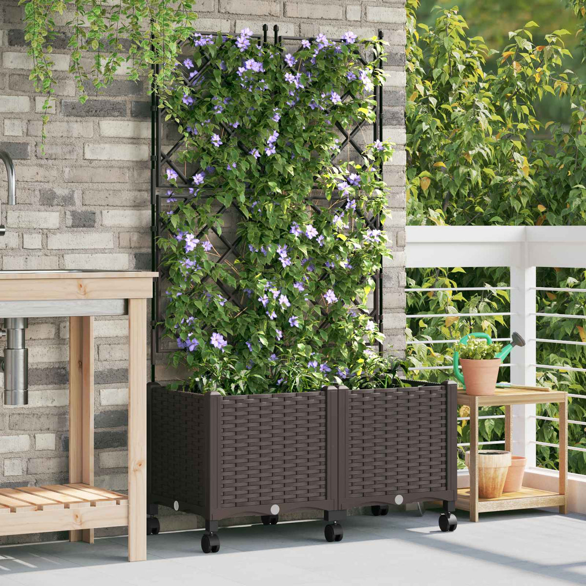Jardinera Con Enrejado Y Ruedas 2 Uds. Marrón 80 X 40 X 149 Cm_1