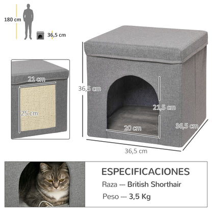 Pawhut Casa Para Gatos Con Tablero De Rascar Y Puerta 36,5x36,5x36,5 Cm Gris_2