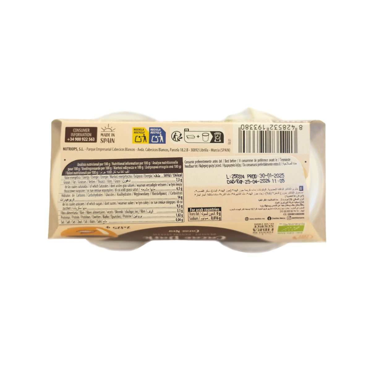 Sobremesa de Cacau Amargo Biológico Ecomil 2 unidades de 125 g