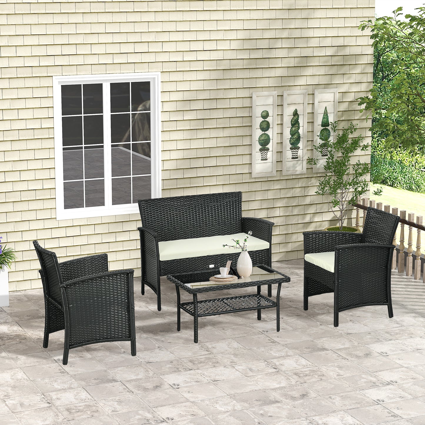 Outsunny Conjunto De Jardín De Ratán Sintético De 4 Piezas Negro Y Crema_1