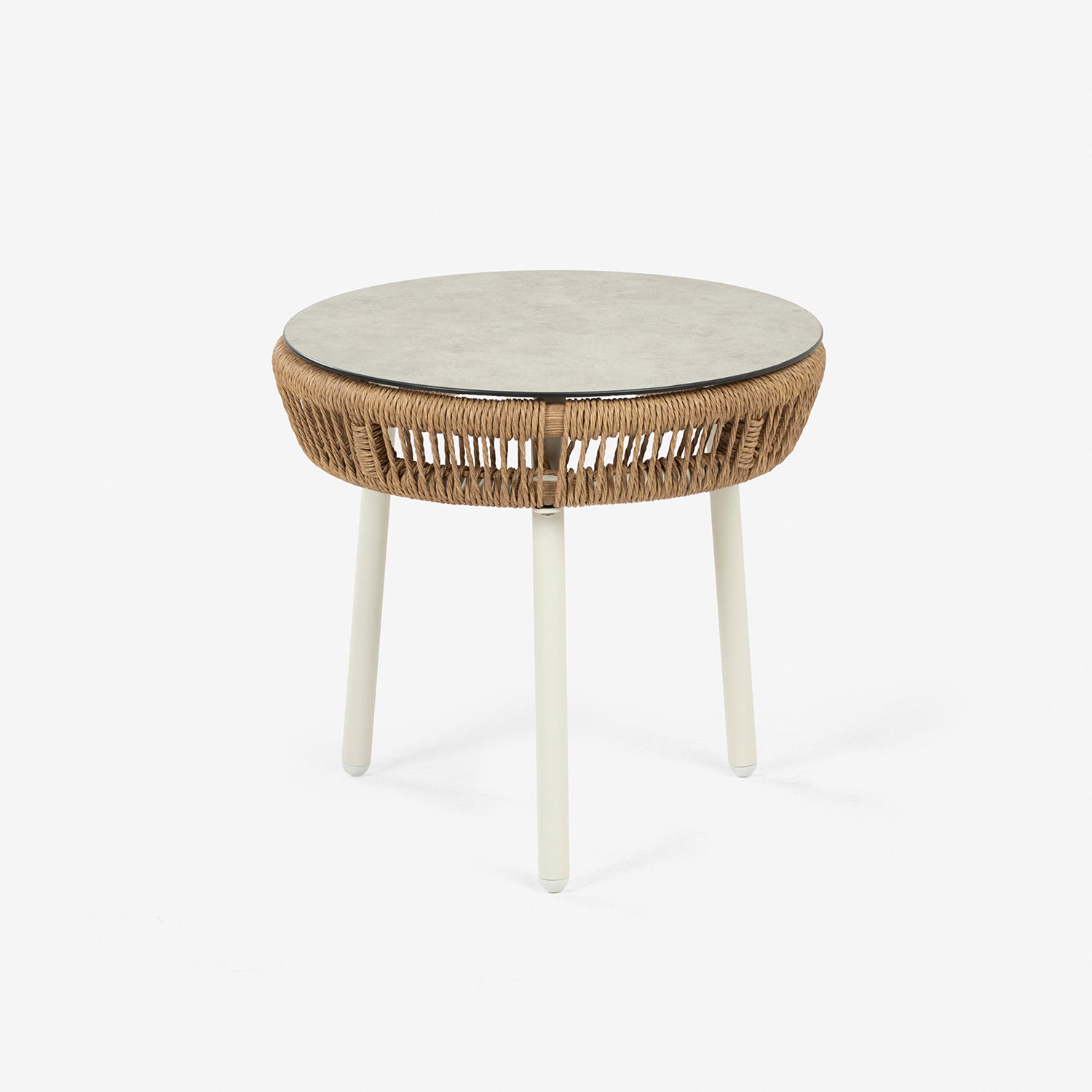 Mesa Auxiliar Cristal Templado, Ratán Tipo Cuerda, Aluminio Y Ratán Sintético Redondo, Color Blanco, 49x47cm Alto_2