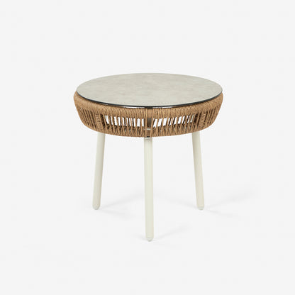 Mesa Auxiliar Cristal Templado, Ratán Tipo Cuerda, Aluminio Y Ratán Sintético Redondo, Color Blanco, 49x47cm Alto_2