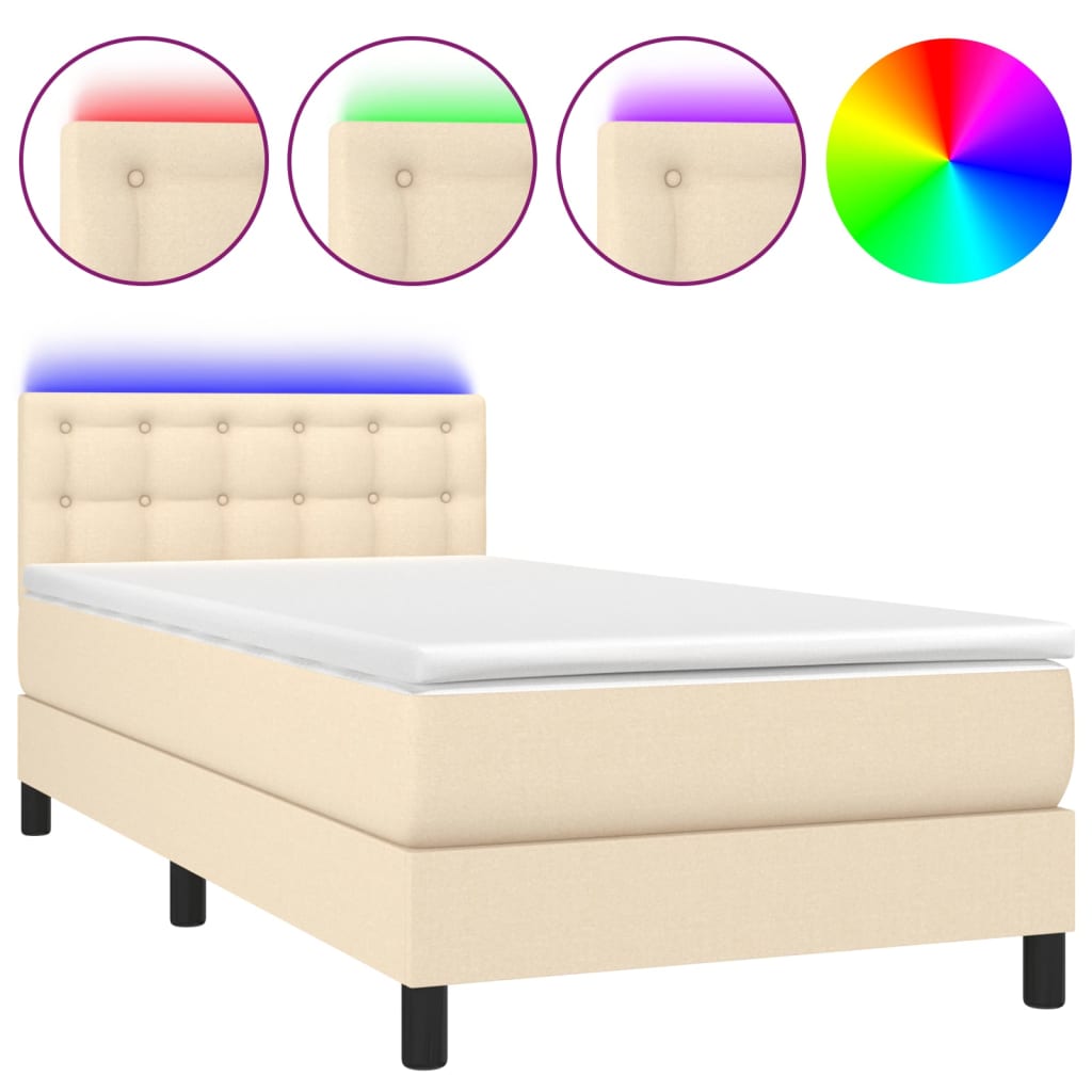 Cama Box Spring Colchón Y Luces Led Tela Crema 80x200 Cm / Vetonek_4