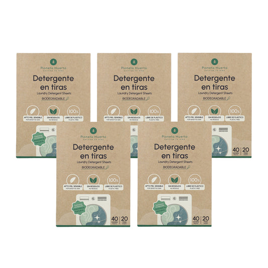 Embalagem de 5 Eco-Strips para detergente e amaciador Planeta Huerto 40 lavagens