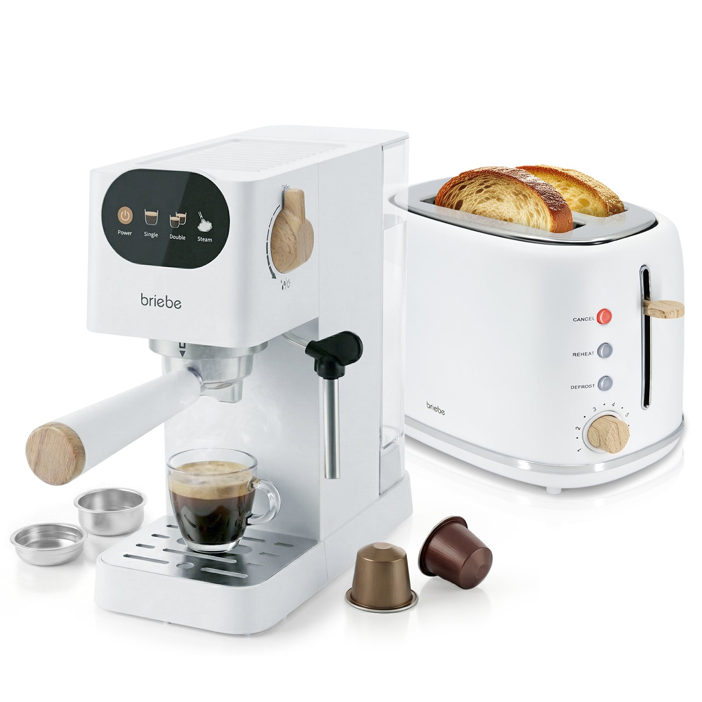 Briebe Nordic Set Cafetera 20 Bares Cápsulas, Café Molido Espumador Leche Tostadora 2 Rebanadas Anchas,skt1221wht,blanco_0