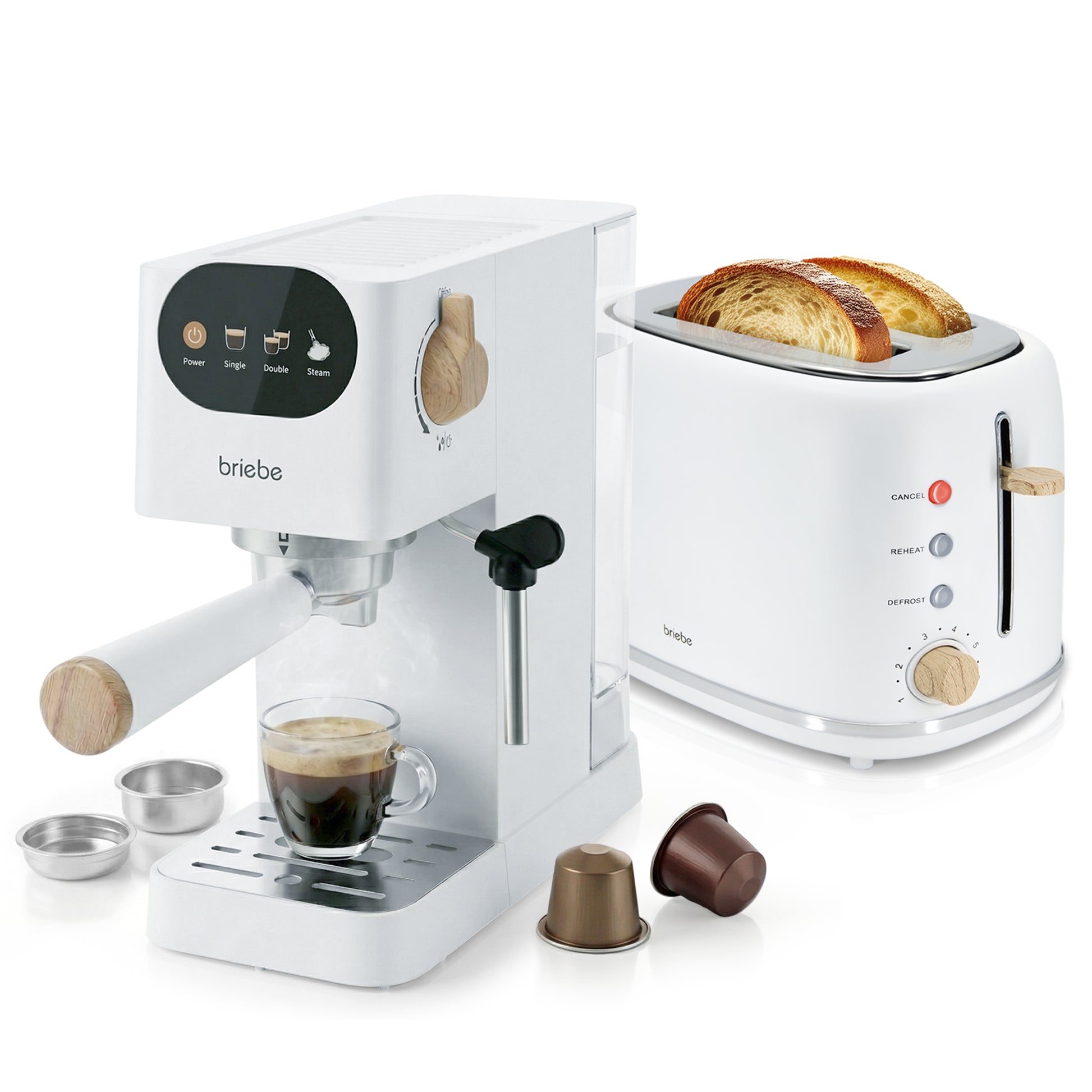Briebe Nordic Set Cafetera 20 Bares Cápsulas, Café Molido Espumador Leche Tostadora 2 Rebanadas Anchas,skt1221wht,blanco_0