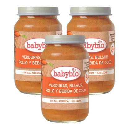 Embalagem com 3 pedaços de vegetais, bulgur, frango e bebida de coco Babybio 200 g