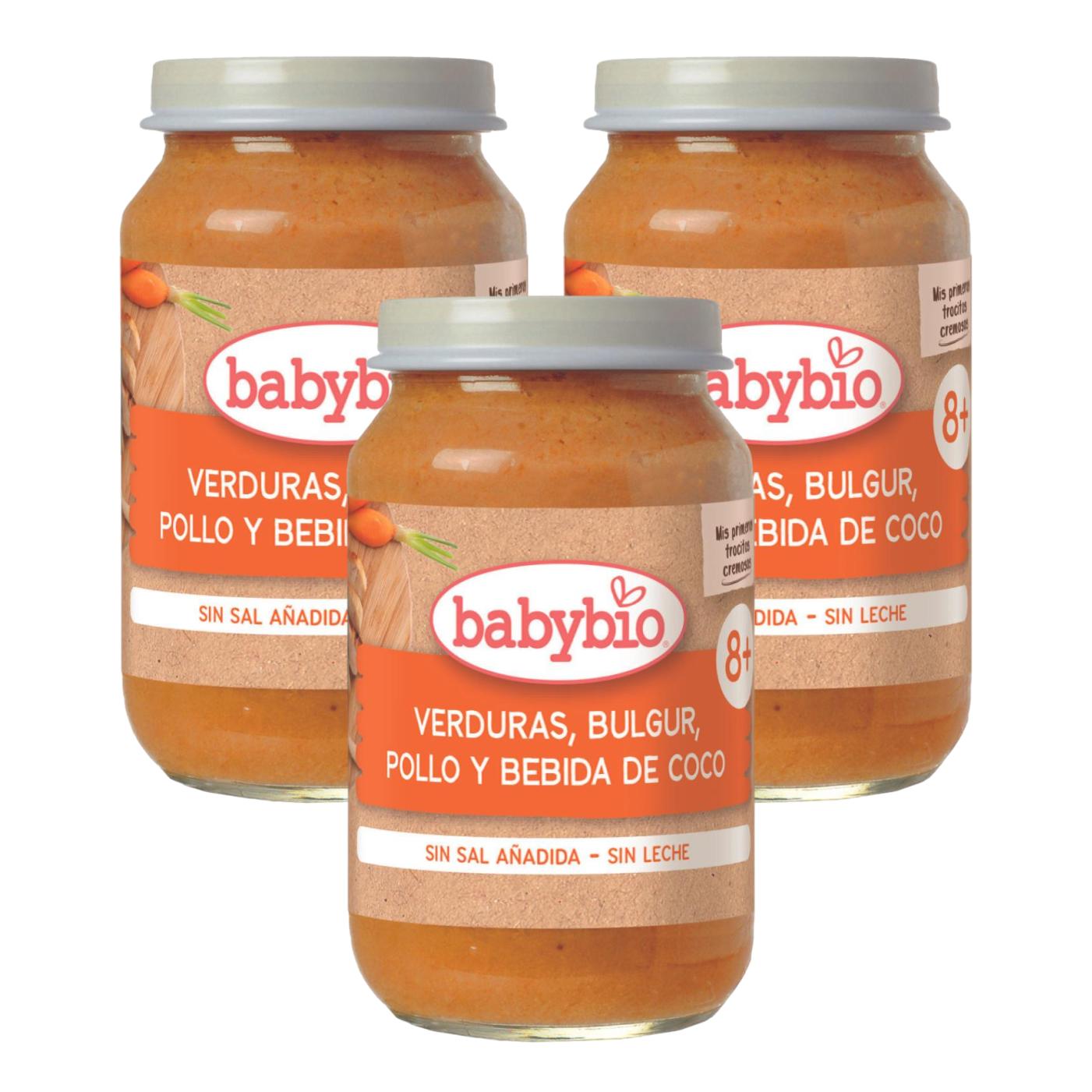 Embalagem com 3 pedaços de vegetais, bulgur, frango e bebida de coco Babybio 200 g