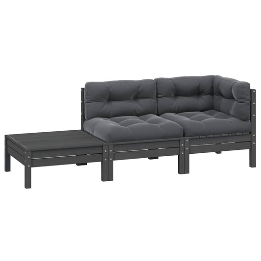 Vidaxl Juego Muebles De Jardín 3 Pzas Cojines Gris Madera Pino Maciza_0