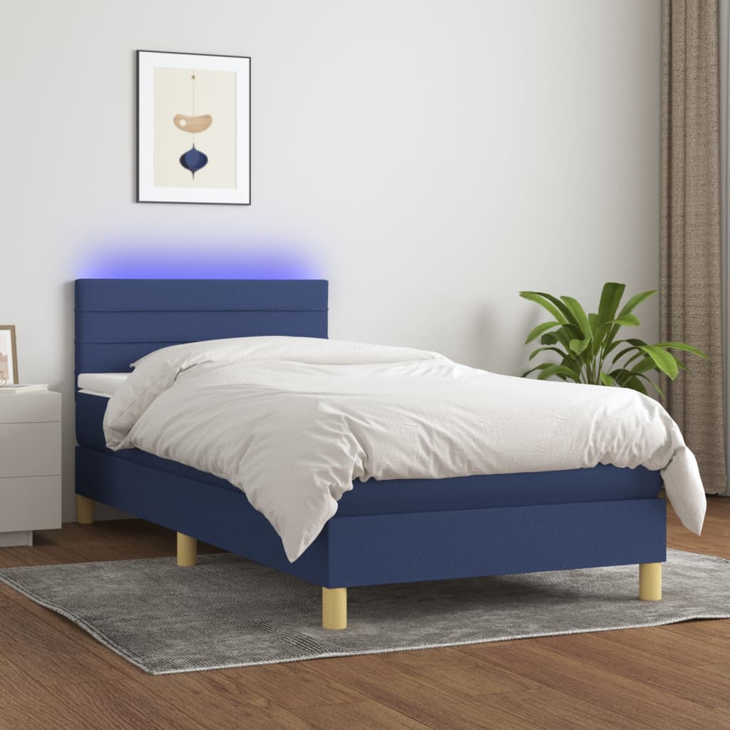 Cama Box Spring Con Colchón Y Led Tela Azul 80x200 Cm / Vetonek_5