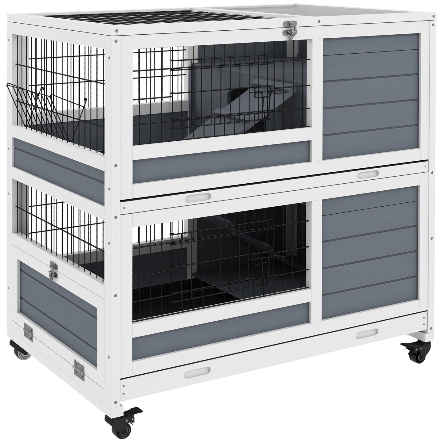Pawhut Conejera De Madera De 2 Niveles Con Ruedas 90x53x97 Cm Gris_0
