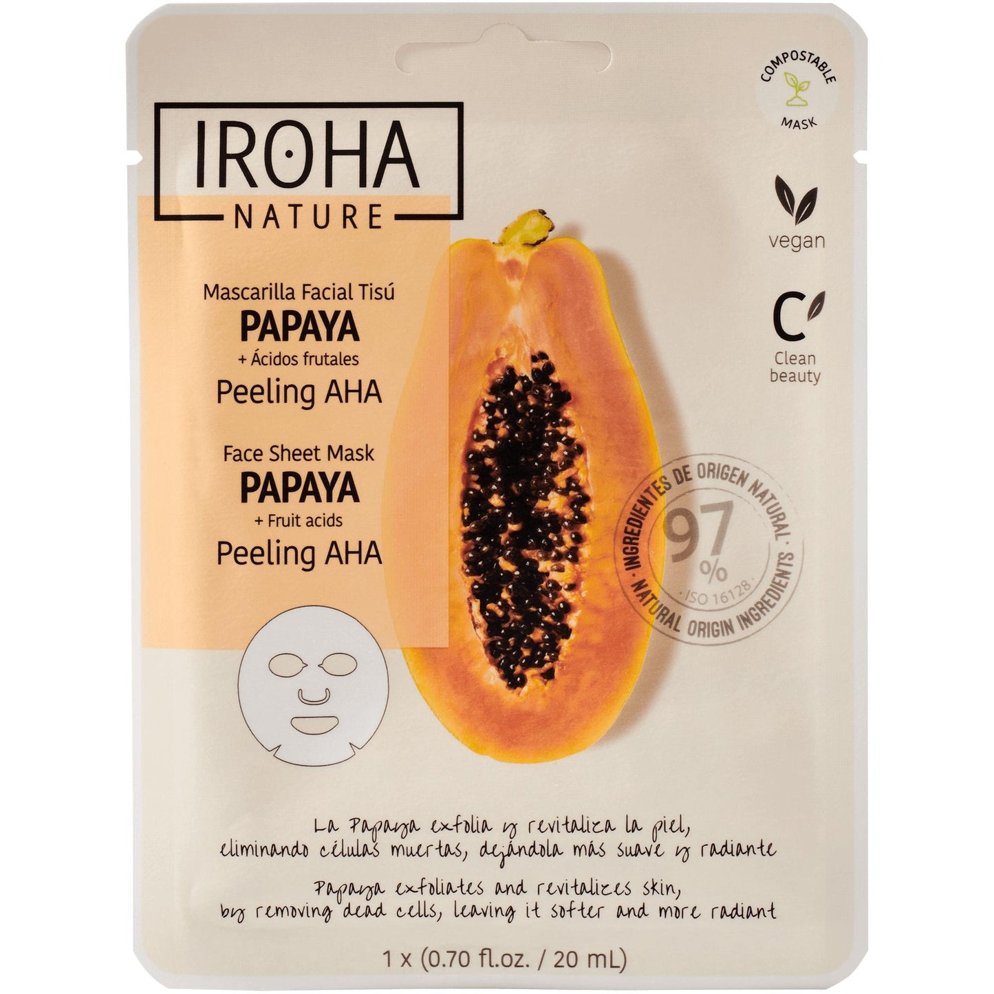 Máscara de tecido peeling de papaia AHA Iroha Nature 20 ml