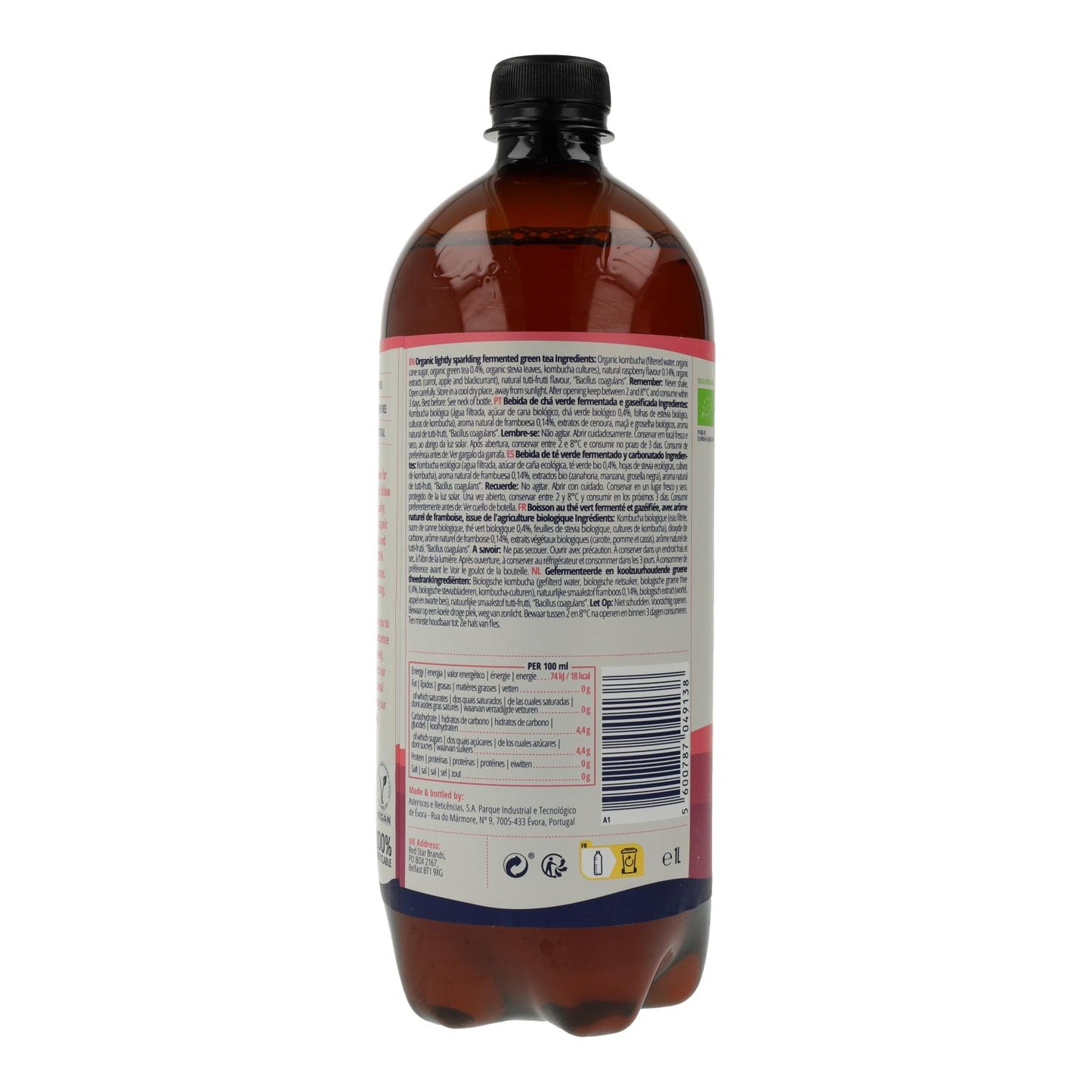 Bebida de Kombucha Orgânica de Framboesa Captain Kombucha 1L
