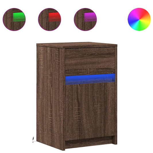 Mesitas De Noche Luces Led 2 Uds Madera Ingeniería Roble Marrón_0