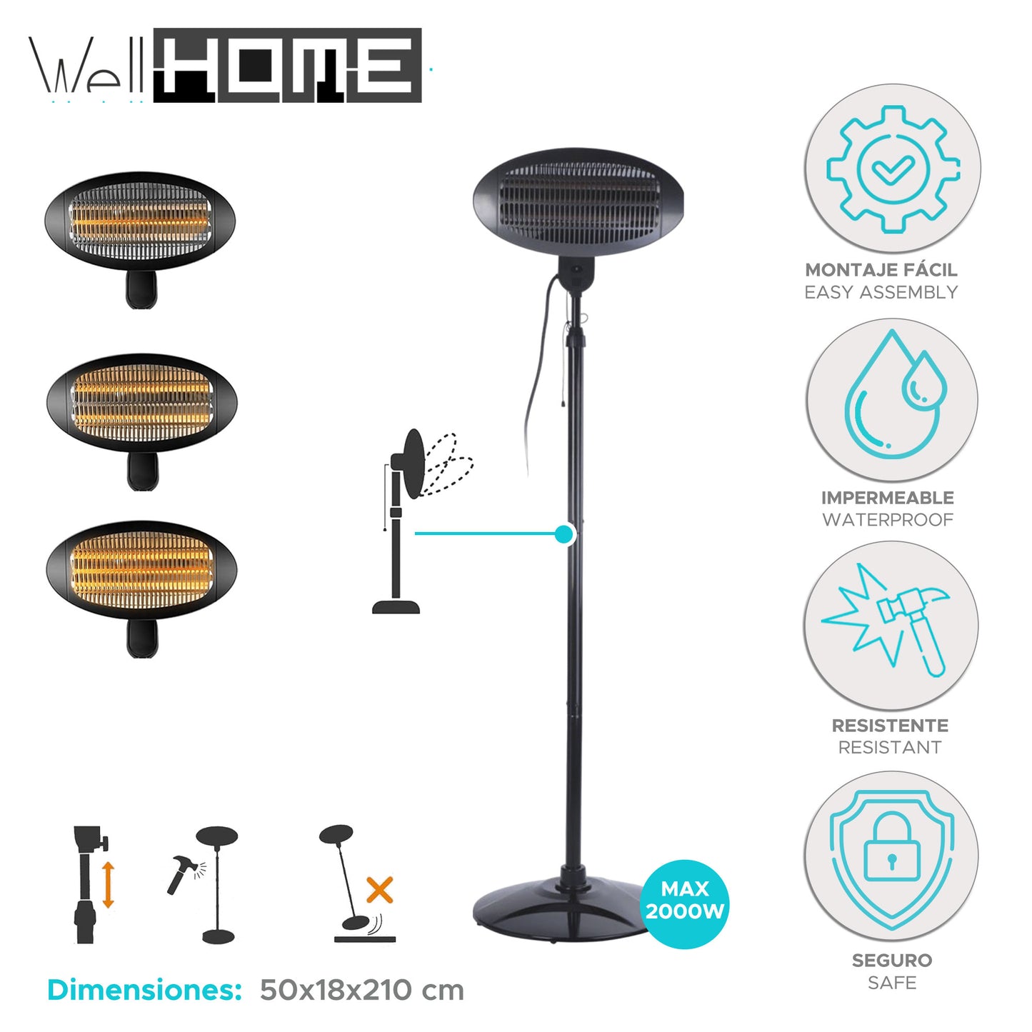 Well Home Calentador De Pared Con 3 Tubos De Cuarzo 50x18x21cm_1