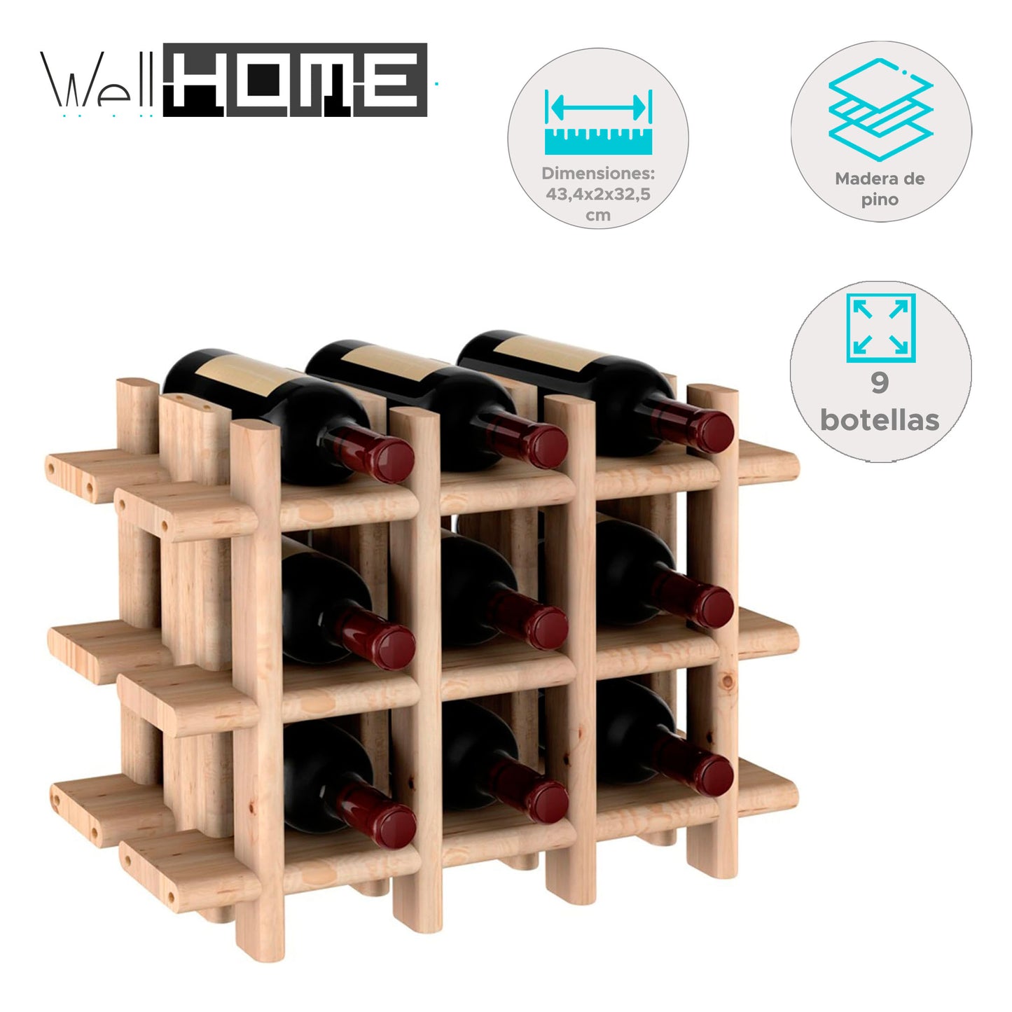 Botellero Modular Well Home Para 9 Botellas En Madera - 13,4x22x32,5 Cm_1