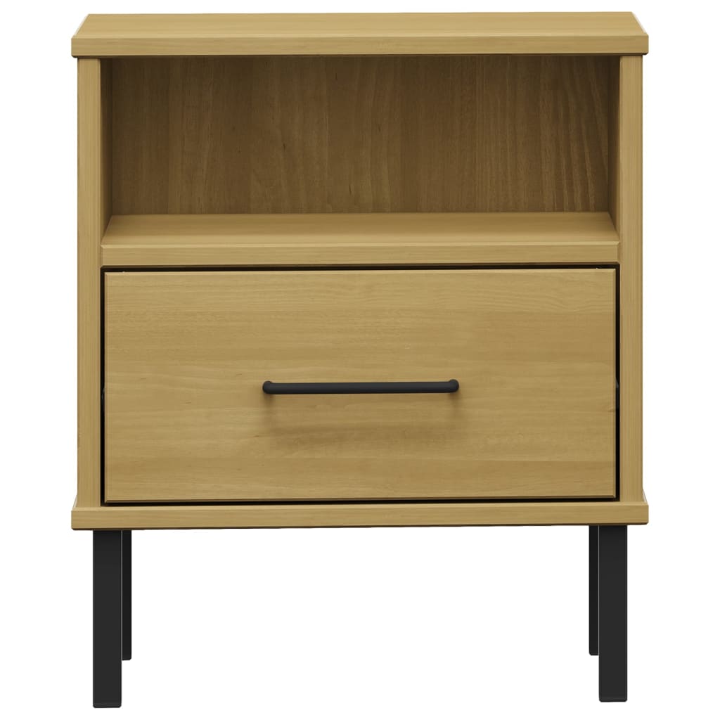 Mesita De Noche Patas De Metal Madera Maciza Pino Marrón Oslo_2