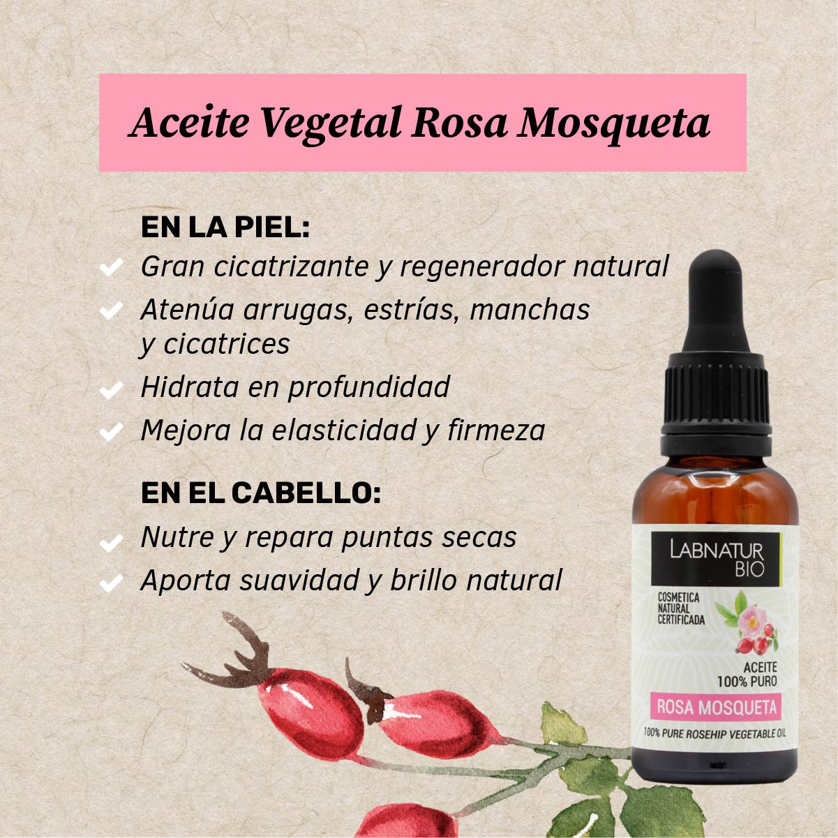 Aceite de Rosa Mosqueta 100% Puro Labnatur Bio 30 ml | Regeneración y Elasticidad | Marcas, Estrías y Cabello | Vegano_1