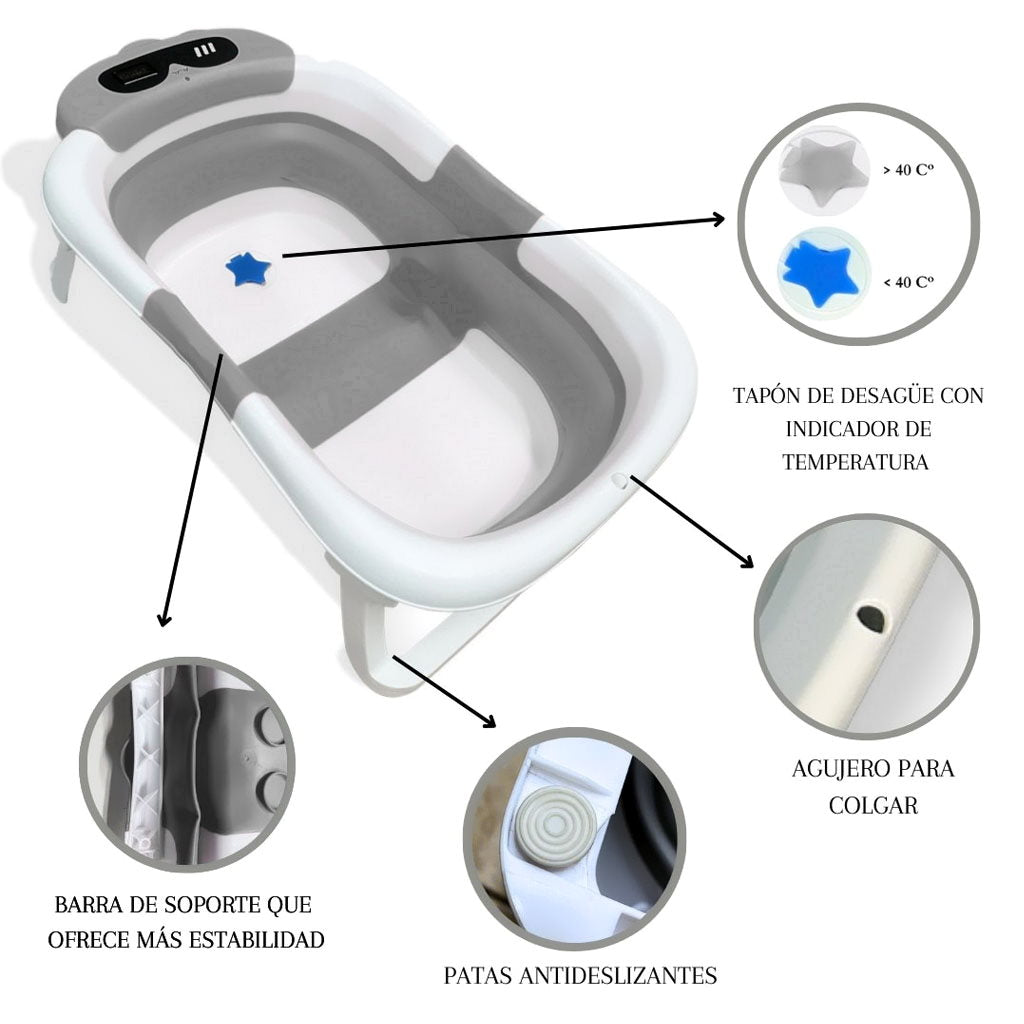 Bathby Bañera Plegable Para Bebés Recién Nacidos, Cojín Dinosaurio, Termómetro, Patas Antideslizantes (gris Dinosaurio)_2