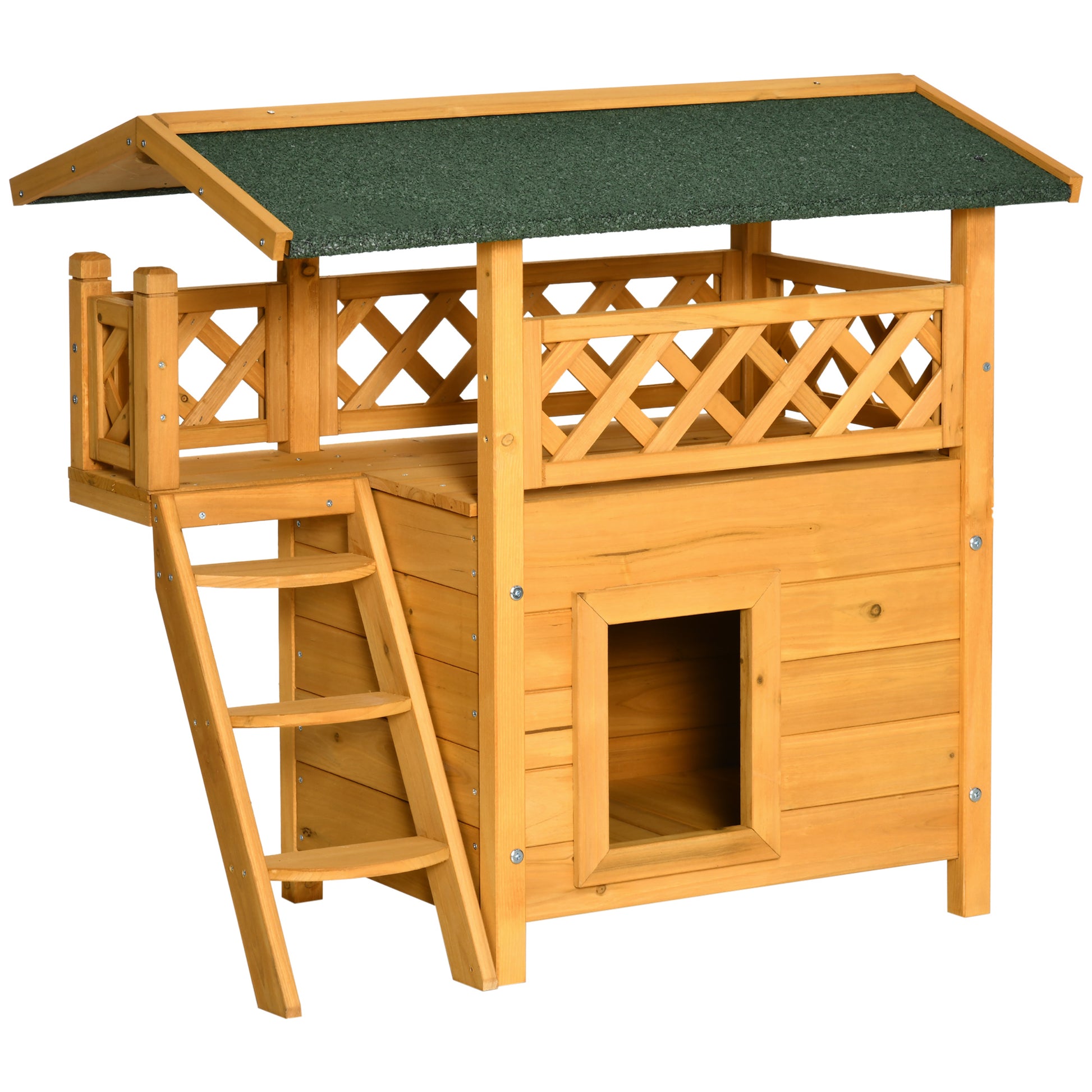 Pawhut Caseta Para Gatos De Madera 77x50x73cm Con Techo Terraza Vallada Natural_0