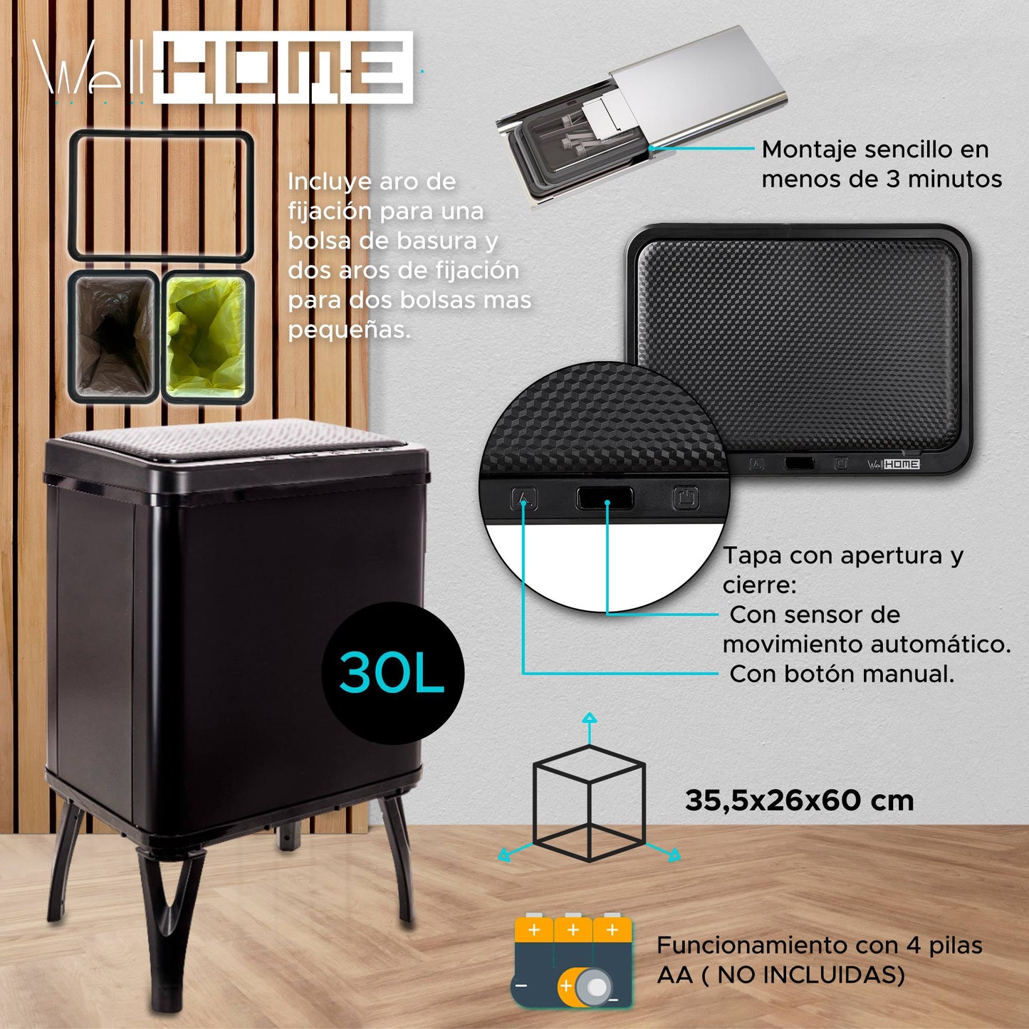 Cubo Inteligente Reciclaje 15l+15l Apertura Auto Negro_1