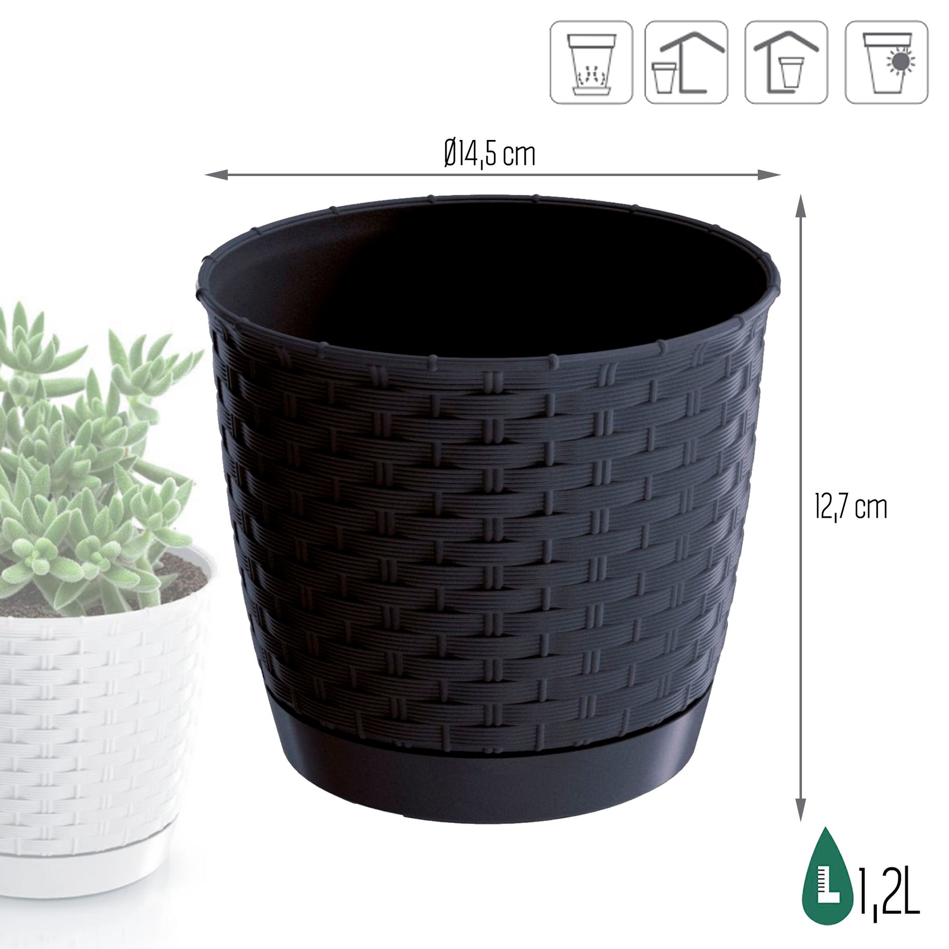 Maceta Ratolla Round 1,2l., Dimensiones (mm) 145x145x127, Color Antracita_2