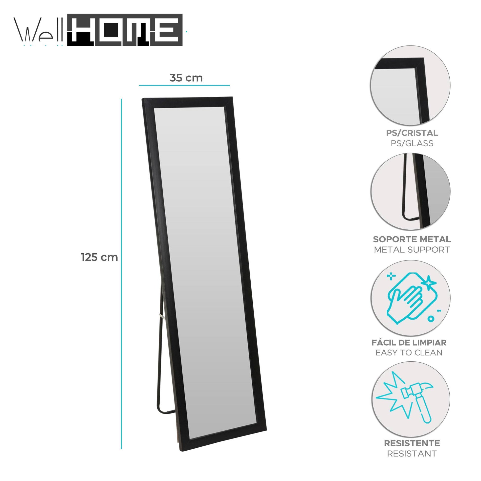 Well Home Espejo De Pie Formato Rectangular Con Soporte Metálico 35,2x125,2cm_1