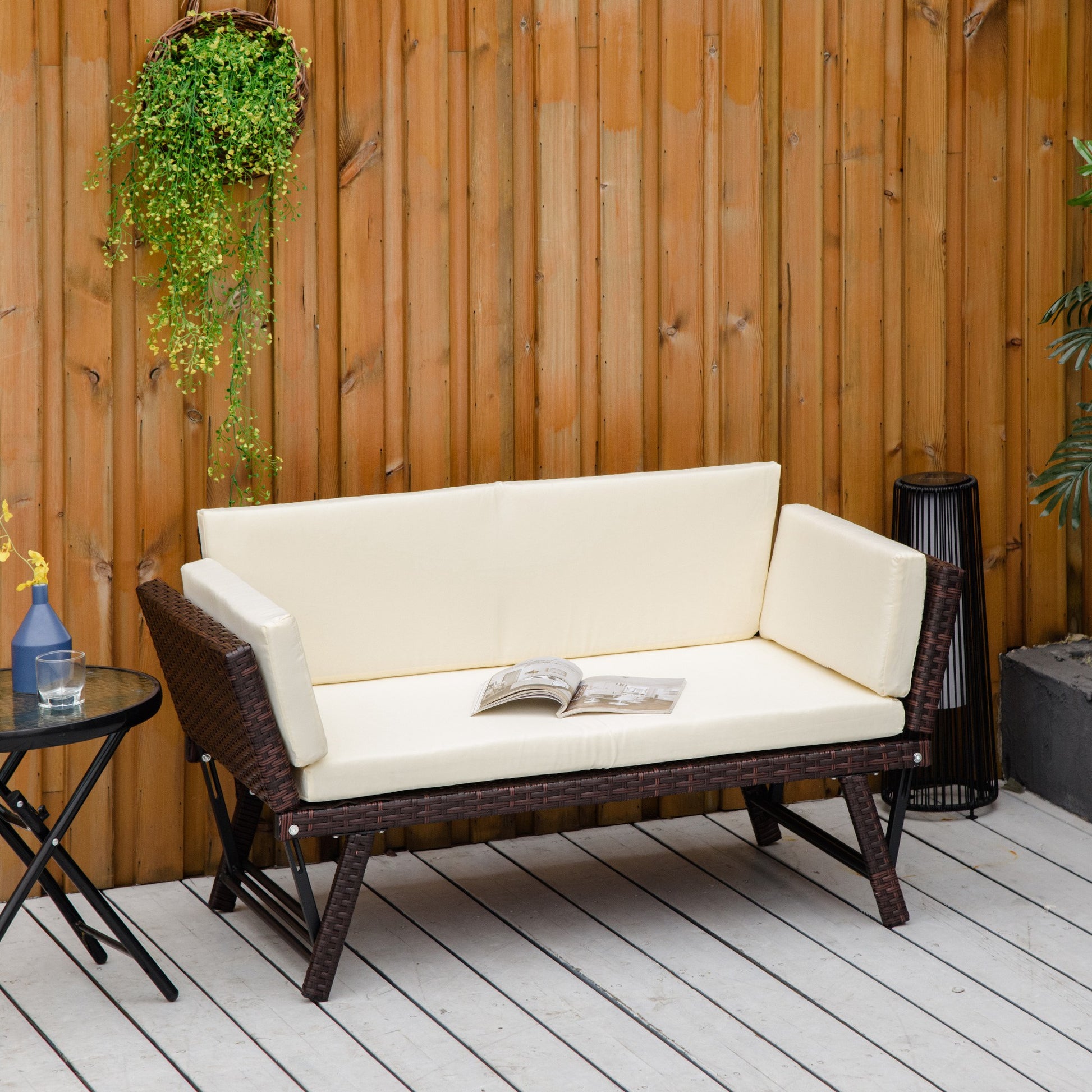 Outsunny Sofá De Ratán 2 Plazas Convertible Cama Con Cojines Acolchados Beige_1