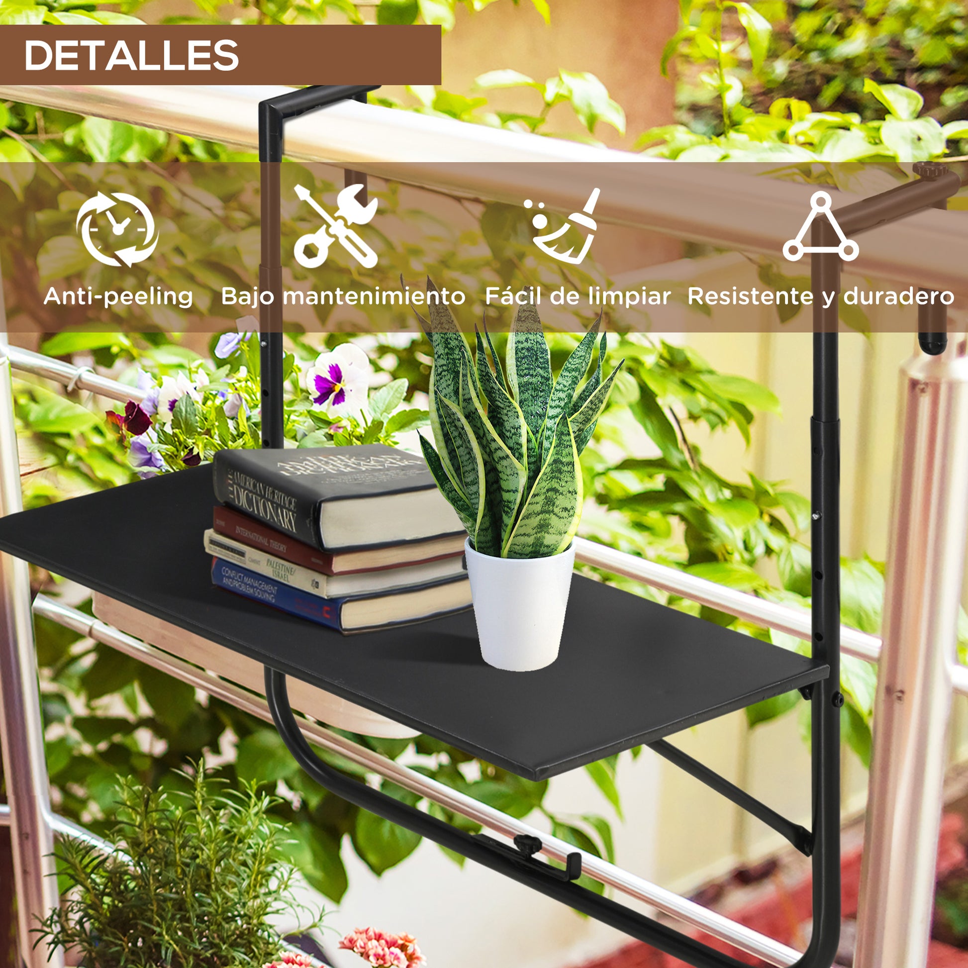 Outsunny Mesa Colgante Para Balcón Con Altura Ajustable 60x60,5x56-71 Cm Negro_5