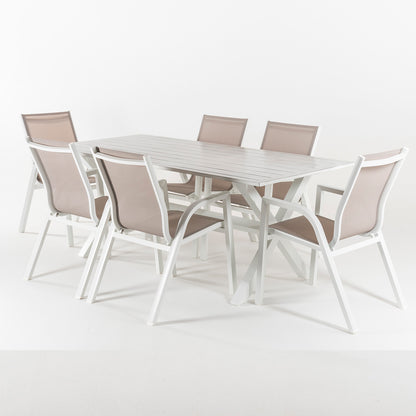 Conjunto Mesa De Jardin 190 Cm Con 6 Sillones Apilables, Aluminio Blanco, Textilene Taupé, 6 Plazas_2