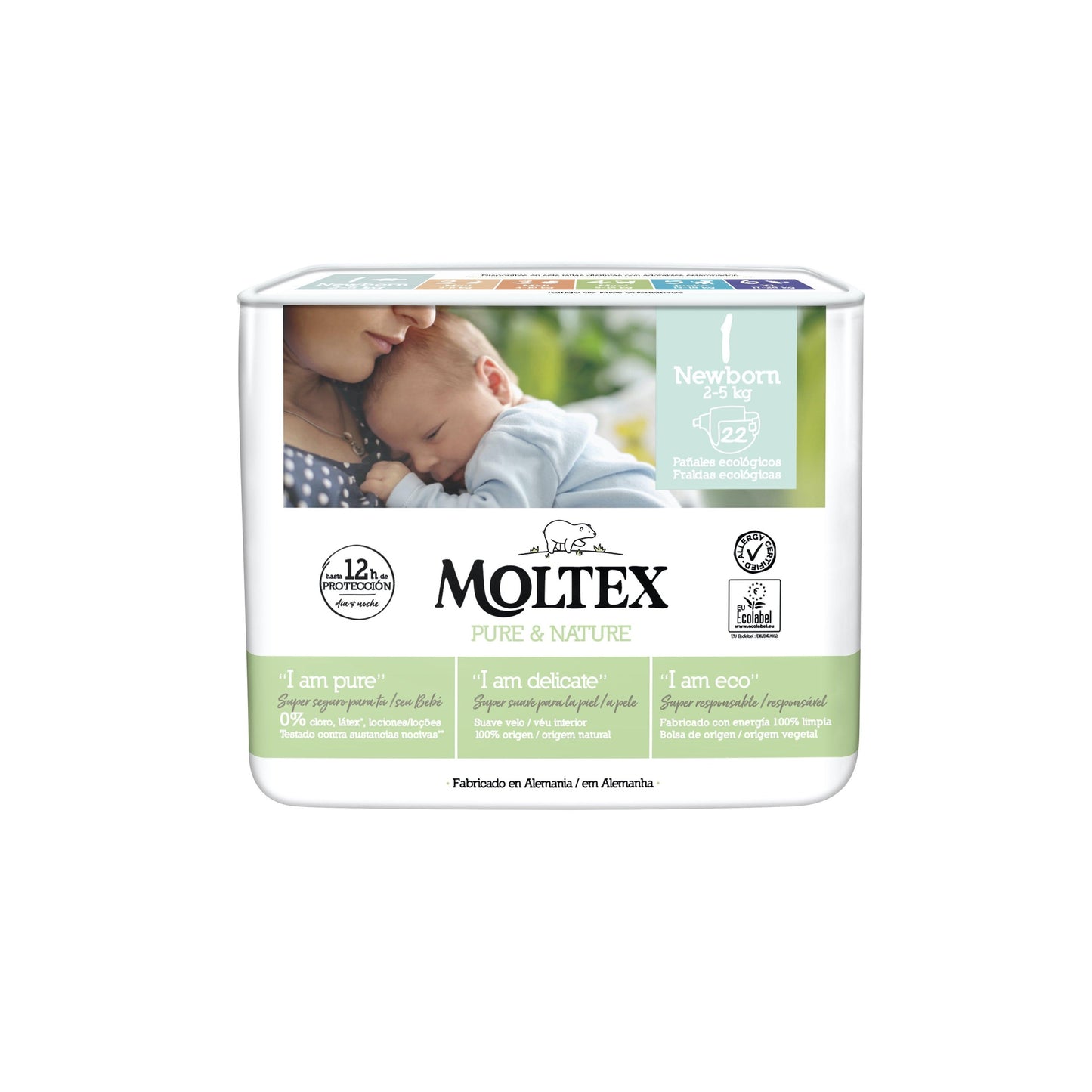 Fraldas T1 (2-5kg) Moltex Pure &amp; Nature, 22 Unidades