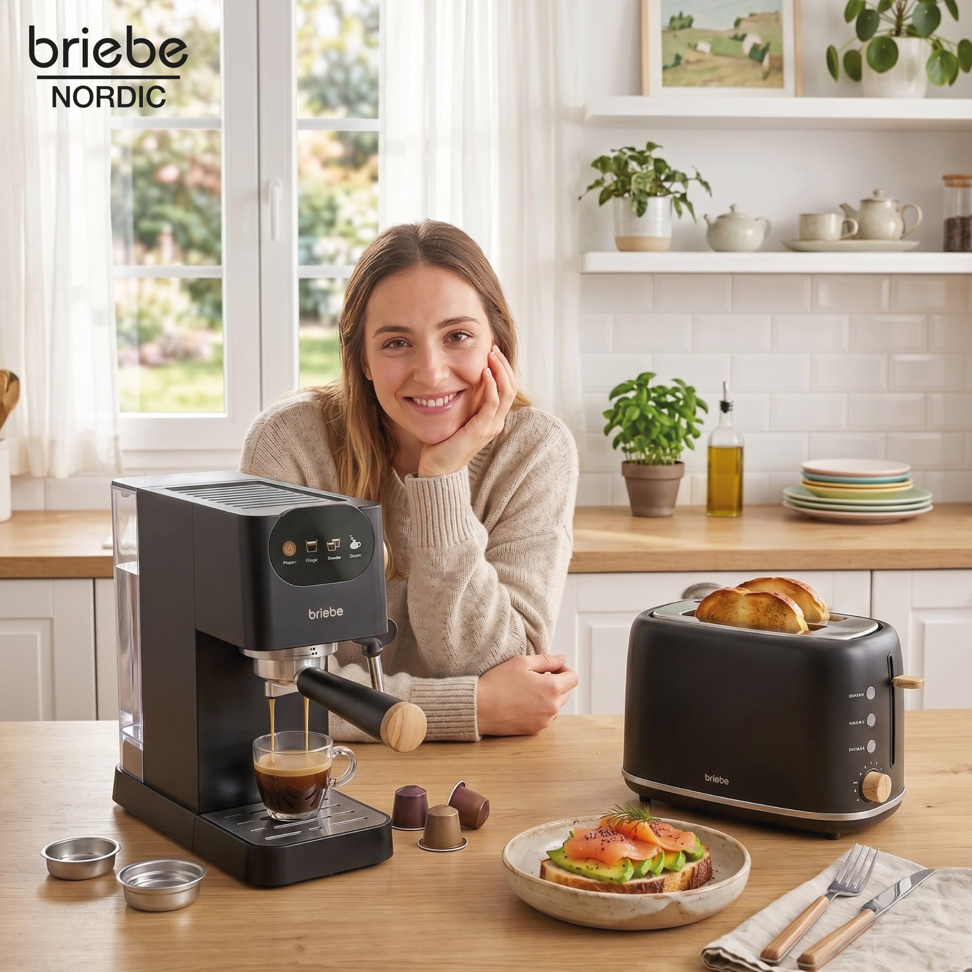 Briebe Nordic Set Cafetera 20 Bares Cápsulas, Café Molido Espumador Leche Tostadora 2 Rebanadas Anchas, Skt1221blk,negro_1