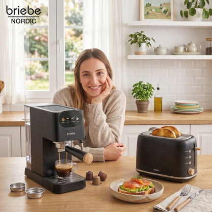 Briebe Nordic Set Cafetera 20 Bares Cápsulas, Café Molido Espumador Leche Tostadora 2 Rebanadas Anchas, Skt1221blk,negro_1