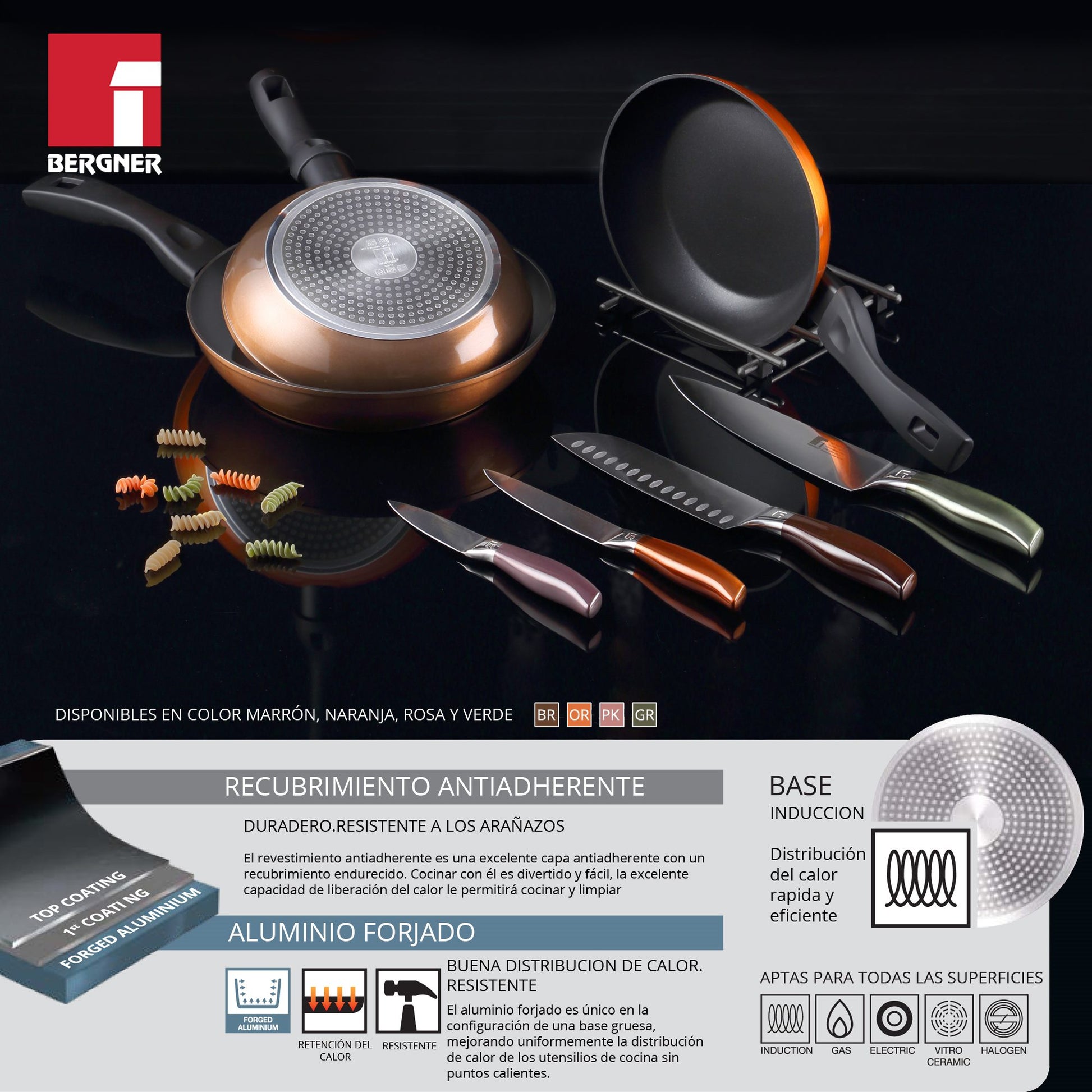 Bateria De Cocina 7 Piezas Magefesa Kenia De Acero Vitrificado Con Juego De Sartenes (20/24 Cm) Bergner Neon Classic En Aluminio Forjado_4