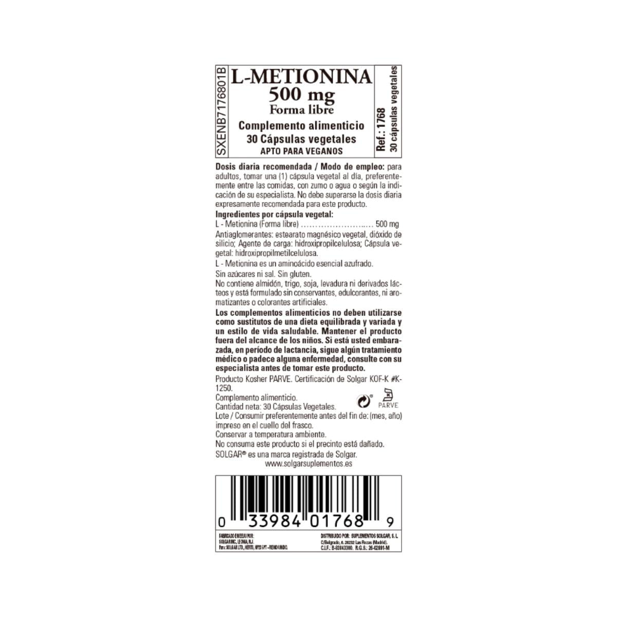 L-Metionina, 30 cápsulas de 500 mg