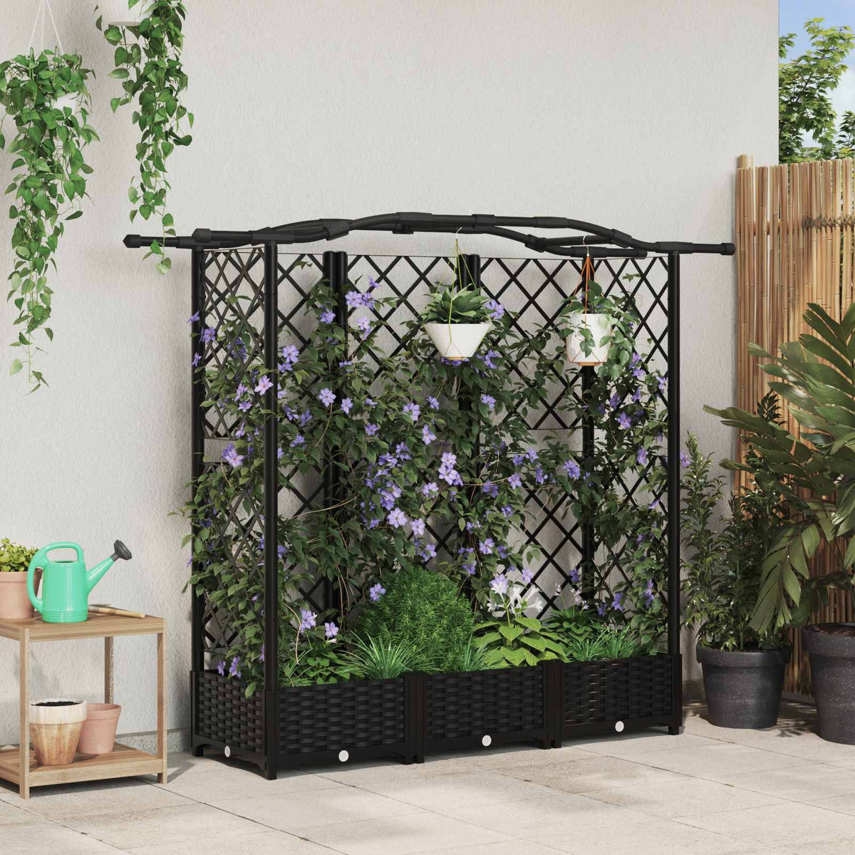 Cama Elevada Con Trellis Y Techo Negro 163 X 40 X 123 Cm Pp_1