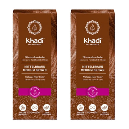 Embalagem de 2 tintas naturais para cabelos castanhos médios, Khadi, 100 g