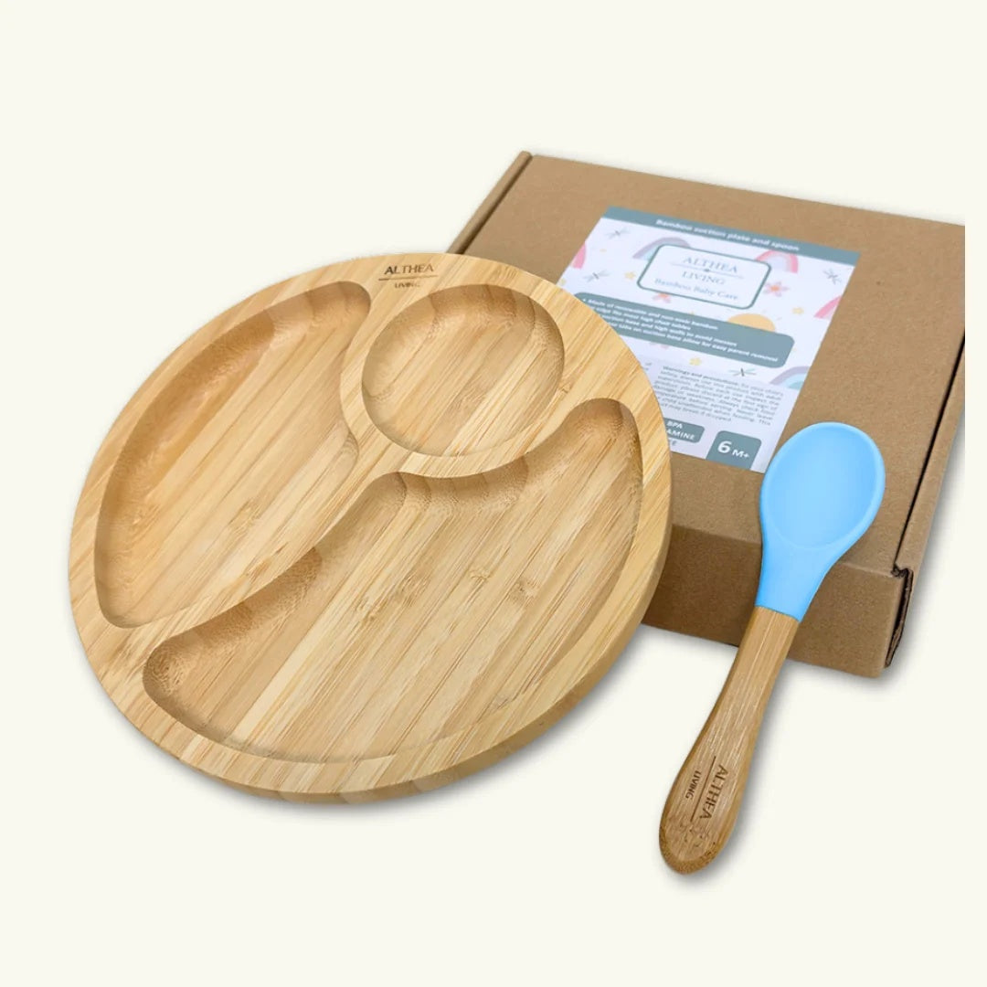 Vajilla De Bambú Natural Para Bebé Con Ventosa Antideslizante 2 Piezas Althea Living Azul Capri_1