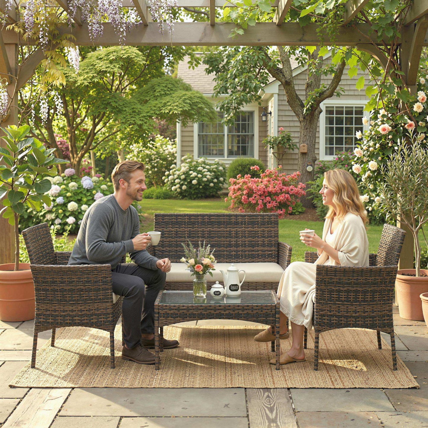 Outsunny Conjunto Jardín Exterior De Ratán Sintético Con Cojines Marrón_4