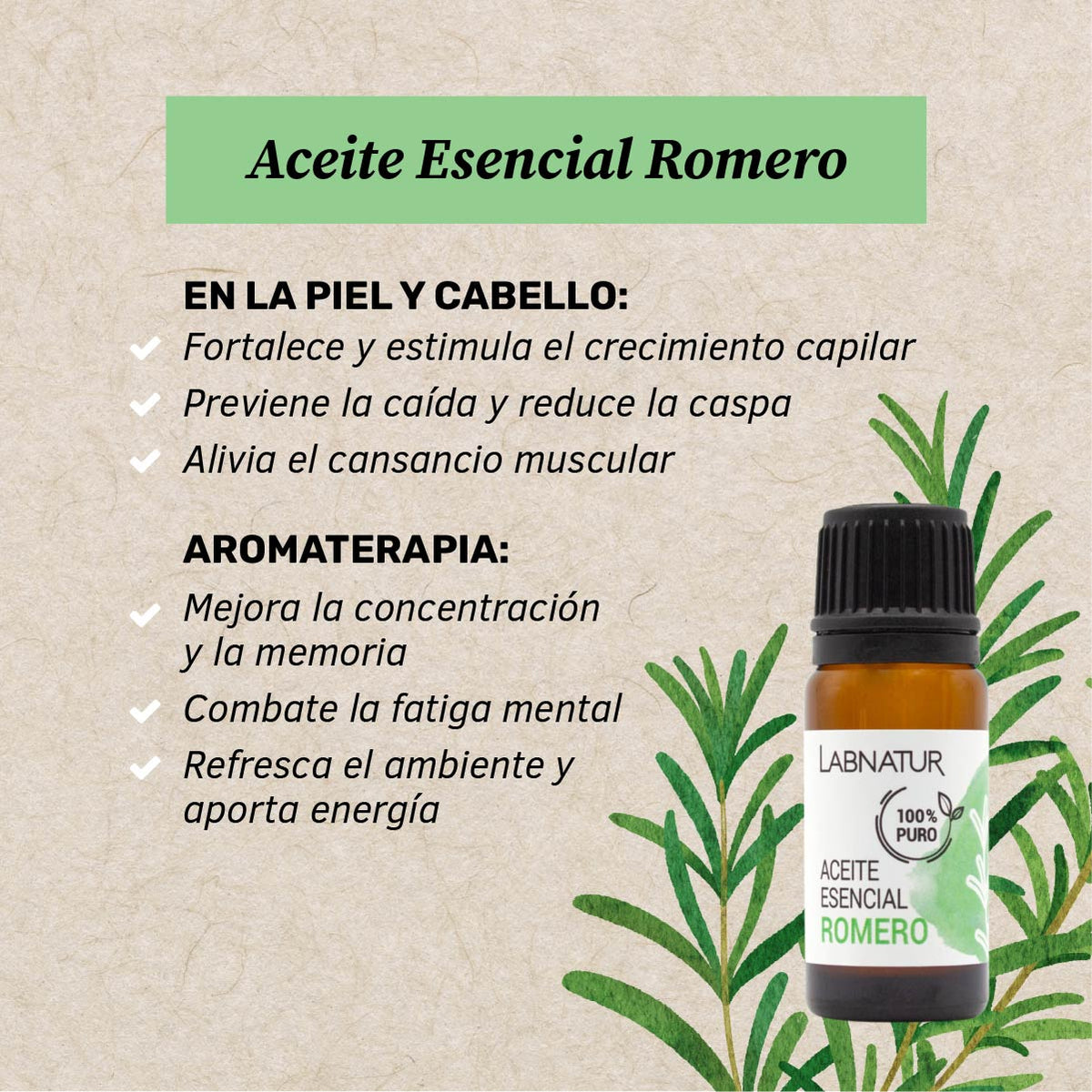 Aceite Esencial de Romero 100% Puro Labnatur 10 ml | Purificante y Tonificante | Cabello, Piel y Difusor | Vegano_1
