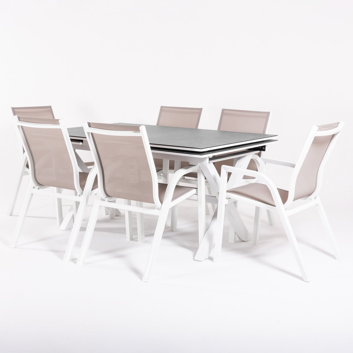 Conjunto De Mesas Y Sillas Reforzadas Para Terraza, Mesa Extensible 150 A 250 Cm, Aluminio Y Cristal, Color Blanco_2